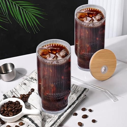 AFINSEA 16OZ Ribbed Glass Cups with Lids and Straws,Iced Coffee Cups with Lid,Vintage Glassware for Whiskey Cocktail Beer Fruit Juice Glasses Tumbler(1Pack) thumbnail 2