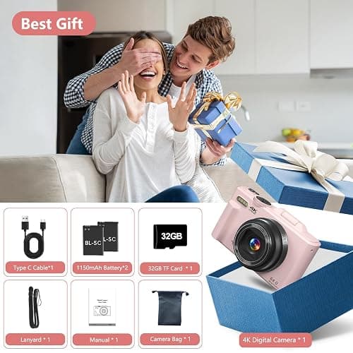 Digital Camera for Photography, 4K Vlogging Camera for YouTube 3" 180° Flip Screen 18X Digital Zoom Compact Cameras with 32GB TF Card & 2 Batteries, Pink thumbnail 7