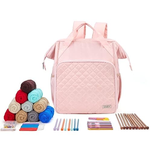 HOMEST Knitting Bag Backpack, Crochet Storage Organizer, Large Yarn Holder with Custom Front Pocket for Crochet Accessories and Supplies, Pink thumbnail 7