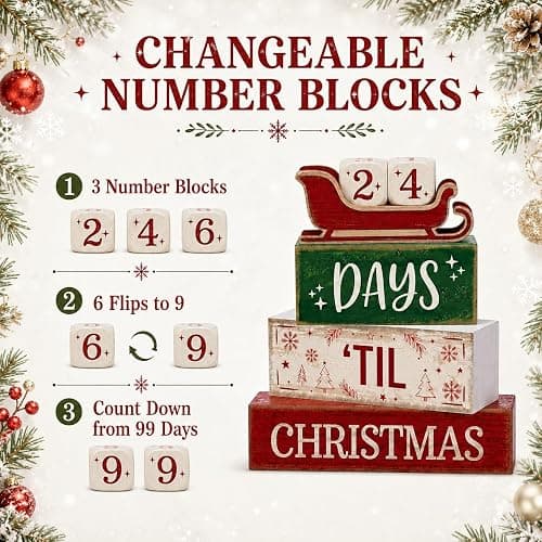 Christmas Countdown Decorations Indoor, Christmas Table Decor for Home | 99 Days Sleigh Christmas Wooden Table Party Centerpiece, Winter Tiered Tray Decor Farmhouse Xmas Gift for Kitchen Coffee Bar thumbnail 3