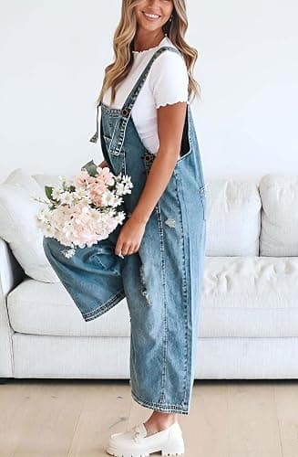 chouyatou Women Loose Adjustable Strap Denim Bib Overall Jeans Distressed Wide Leg Baggy Overalls Jumpsuit thumbnail 2