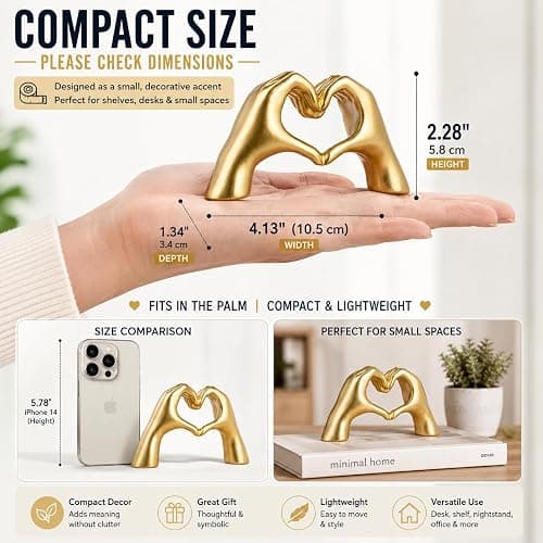 Gold Decor Living Room - Small Shelf Decor Aesthetic - Heart Hands Sculpture - Teen Girls Bedroom Knick Knacks - Cute Home Shelves Accent - Ta (Gold, Mini) thumbnail 3