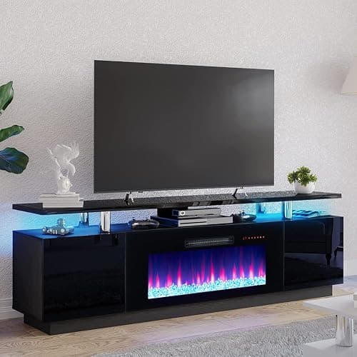AMERLIFE Fireplace TV Stand with 36" Fireplace, 70" Modern Fireplace Entertainment Center LED Lights, 2 Tier TV Console Cabinet for TVs Up to 80", Obsidian Black thumbnail 7