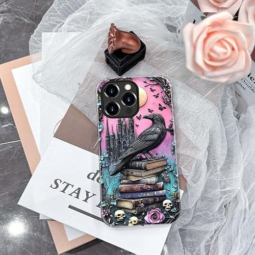 DAIZAG Case Compatible with iPhone 16 Pro,Glossy Durable Shock Protection Cover for Girl Women,Black Raven Bird Book Rose Skulls thumbnail 6