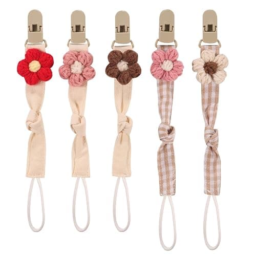Baby's Breath 5 Pack Pacifier Clips with Adjustable Strap (14.5-18.3 in) - Handmade Boho Style Flower Design, Soft Textile Baby Holder Set for Girls, Neutral Colors for Any Outfit - Image 1