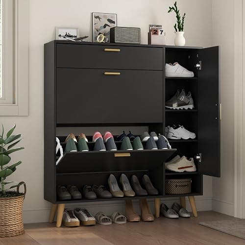 Gyfimoie Shoe Cabinet Storage for Entryway, Slim Shoe Organizer Cabinet 2 Flip Drawer, Narrow Hidden Shoe Storage Side Door Cabinte (Black) thumbnail 3