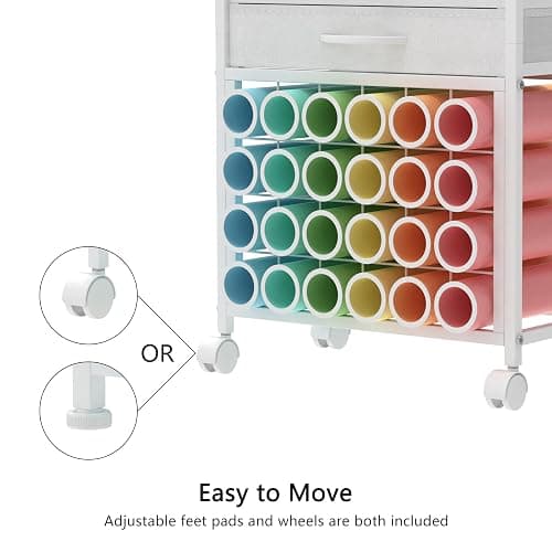 VENNQD Organizer and Storage Stand Compatible with Cricut Machines,Rolling Storage Cart/Shelf with 24 Vinyl Roll Holders，2 Fabric Drawer,Accessories Holder,Tool Hook for Craft Room Home (white) thumbnail 6