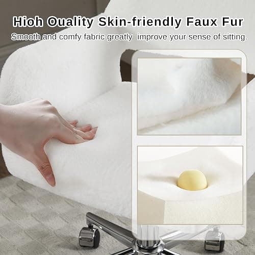HJY Faux Fur Swivel Desk Chair, Makeup Vanity Chair with Silver Base, White | HENGJIANYI Modern Height Adjustable Fluffy Armchair Ergonomic 360° Swivel Office Chair with Hollowed Back thick cushion thumbnail 5