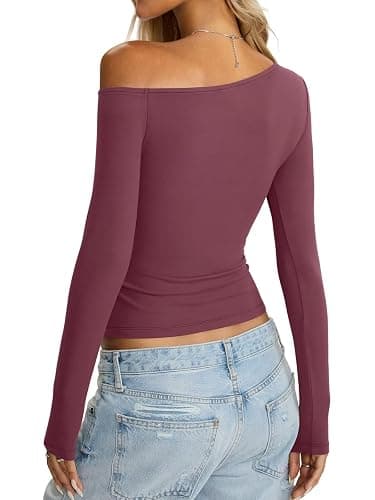 Eachyes Womens Off Shoulder Tops Tight Long Sleeve Shirts Sexy Top Y2K Slim Fit Going Out Fall Fashion Clothes 2026 thumbnail 7
