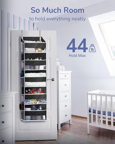 ULG 1 Pack Over The Door Organizer – 5 Shelf Door Organizer Hanging & 10 Side Pockets, Reinforced 44LB Capacity Hanging Organizer, Behind The Door Storage for Bedroom, Nursery, Pantry (Black) - Black - 1 Pack thumbnail 5