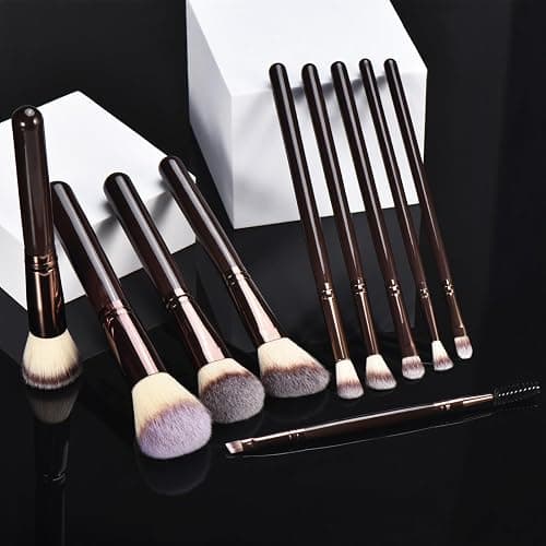 YJ-Anyue 10-Piece Brown Wooden Makeup Brushes Set, Professional Foundation Concealer Contour Eyeshadow Kabuki Brushes, Premium Synthetic Bristles for Liquid Powder Cream thumbnail 8