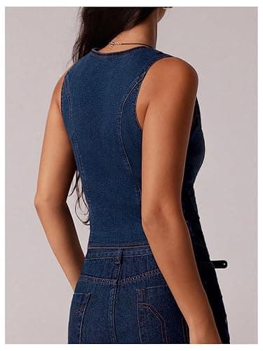 SHENHE Women's Western Denim Vest V Neck Button Down Y2k Jean Jacket Waistcoat with Pockets thumbnail 2