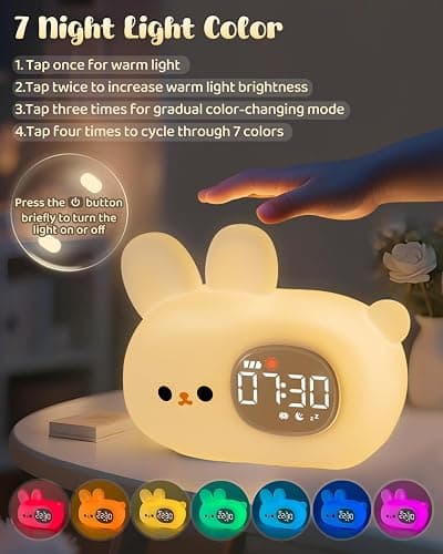 Bunny Alarm Clock for Kids with Night Light, Sleep Training Clock Time to Wake Clock, Rechargeable Silicone Light for Bedroom, Perfect Sleep Companion for Boys Girls thumbnail 5