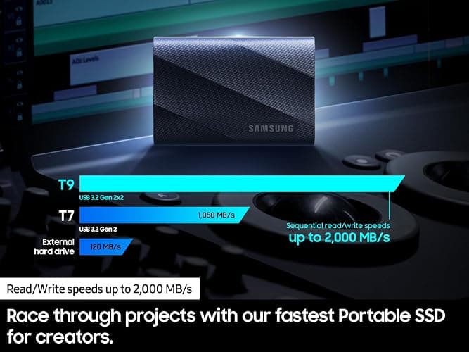 SAMSUNG T9 Portable SSD 4TB, USB 3.2 Gen 2x2 External Solid State Drive, Seq. Read Speeds Up to 2,000MB/s for Gaming, Students and Professionals,MU-PG4T0B/AM, Black (pack of 1) thumbnail 3