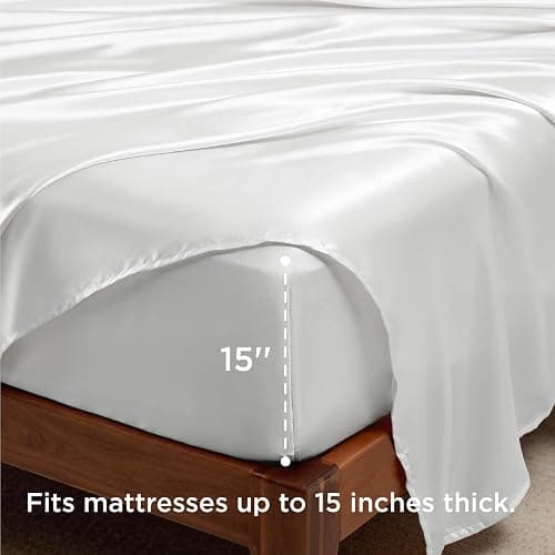 Bedsure White Satin Sheets Queen Size - 4 Piece Silky Bedsheets with 15 Inches Deep Pocket Fitted Bedsheet,1 Flat Sheet, 2 Satin Pillowcases, Good for Hair & Skin (Queen, White) thumbnail 4