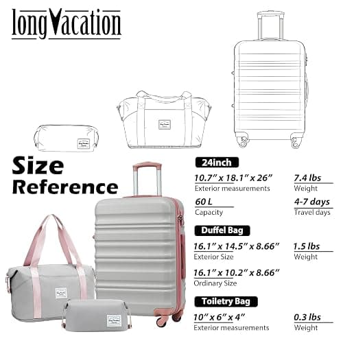 LONG VACATION Luggage Sets 24 in Suitcase Luggage 3 Piece Set, ABS+PC Hardshell Luggage with Spinner Wheels & YKK Zipper TSA Lock for Travel Esssentials (Grey-Pink, 24 INCH) thumbnail 7