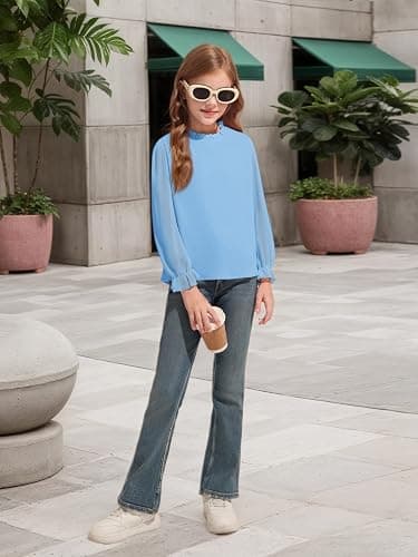 Haloumoning Girls Long Sleeve Shirts Chiffon Blouses Kids Cute Puff Sleeve Ruffle Mock Neck Casual Tops 5-14 Years thumbnail 5
