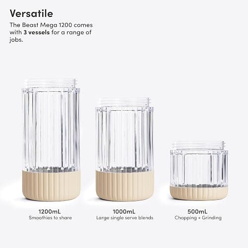 Beast Mega 1200 Plus | Premium Countertop Blender | Smoothies, Shakes, Sauces, Dips, Soups | Blends Ice and Frozen Fruit | XL Vessel | With Extra Vessels, Straw System | 1200W | (Sand, 120V) thumbnail 5