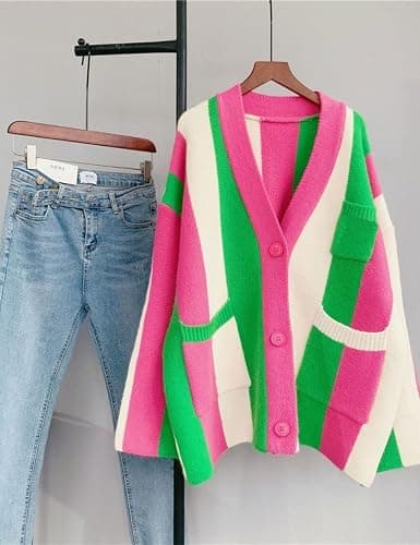 Unilexi Womens Loose Long Sleeve Rainbow Striped Cardigans Sweater Boho Color Block Chunky Knitted Tops thumbnail 4