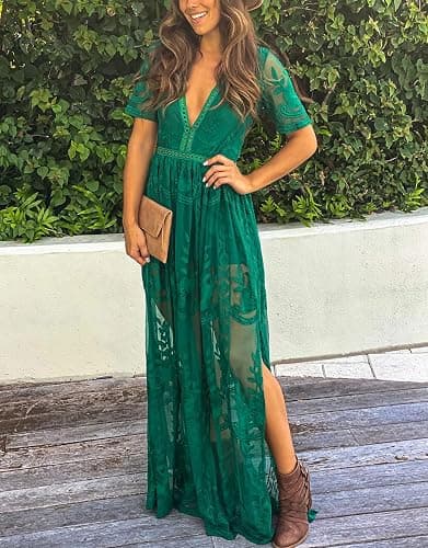 Eleter Women's Deep V-Neck Lace Romper Short Sleeve Long Dress thumbnail 5