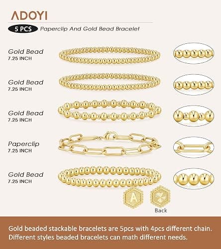 adoyi Gold Bracelets for Women Waterproof, 14K Gold Plated Beaded Strand Bead Ball Bracelets stack Adjustable Jewelry Set for Gifts thumbnail 7