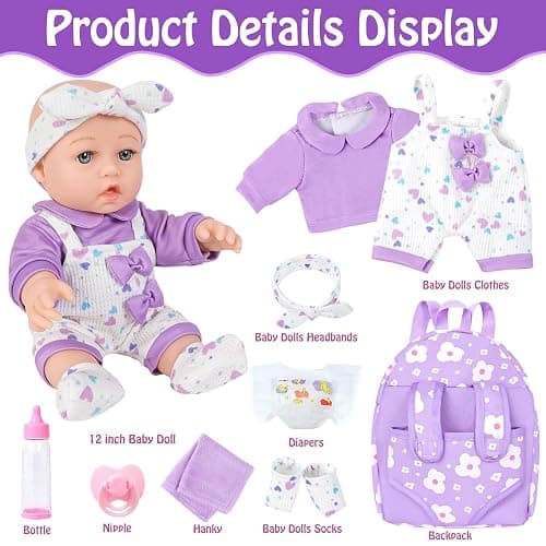UZIDBTO 12" Baby Doll with Flower Pattern Backpack Carrier,12 Inch Realistic Baby Dolls with Clothes and Accessories Hanky Pacifier Bottle Diaper Toy Pretend Play Collection for 3+ Child Girls Gifts thumbnail 7