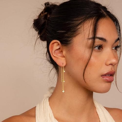 Sewyer Gold Earrings for Women, Dainty 14K Gold Plated Dangle Earrings for Women Trendy Long Dangle Drop Chain Earring for Sensitive Ears Cute Hypoallergenic Threader Earring Non Tarnish Jewelry Gifts thumbnail 5