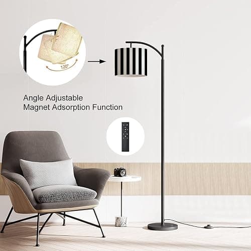 LOPYEIJFG Modern Arc Floor Lamp with Dimmer Mid Century Striped Black White Metal Standing Lamp with Linen Shade Footswitch for Living Room Bedroom Office thumbnail 6