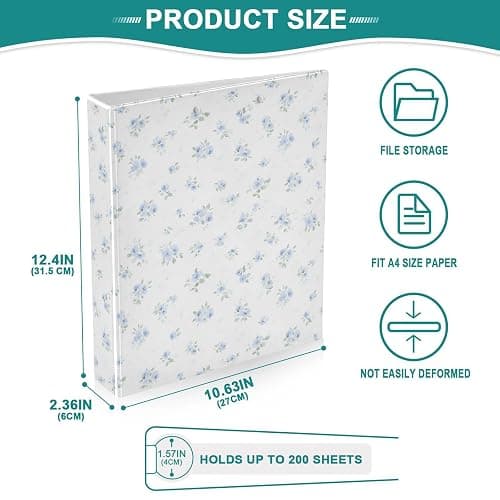 Blue Small Floral 3 Ring Binder 1.5 Inch 1 Pack with 200 Sheet for Kids School Supplies Women Men Office thumbnail 3