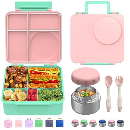 JoyYum Bento Box for Kids - Leak-Proof Bento Lunch Box with Insulated Thermos Food Jar - 4 Compartments, 1 Removable Divider, 1Spoon, 1 Fork - Dishwasher Safe, BPA-Free (Light pink) - Image 1