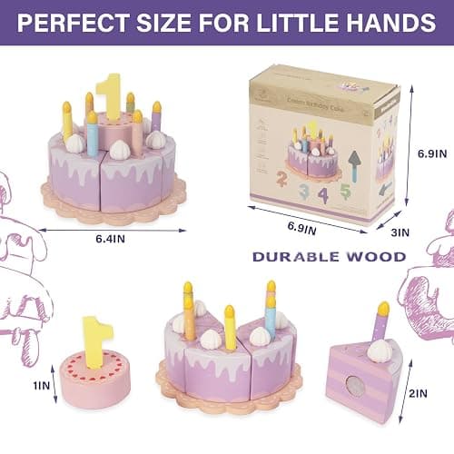 WoodenEdu Pretend Play Food for Toddlers 2-5,Wooden Birthday Fake Cake with Candles and Numbers,Tea Party Learning Kitchen Gift Toys for Boys Girls (Cream Cake) thumbnail 2