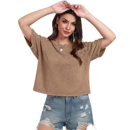 Womens Crop Tops Acid Wash Short Sleeve T-Shirts Casual Round Neck Basic Tees Baggy Summer Shirts thumbnail 6