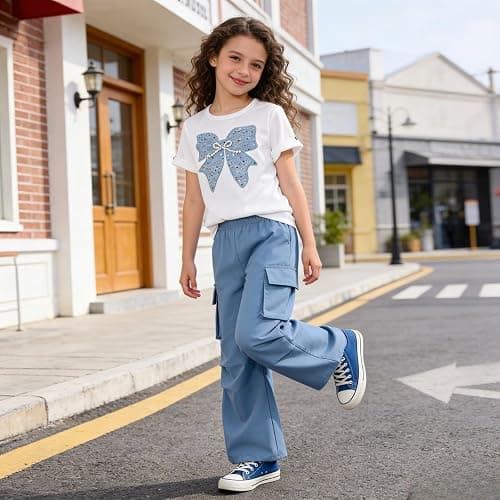 Voxikodex Girls Clothes 2 Piece Cute Butterfly Print T-Shirt Tops & Cargo Pants Spring Summer Outfits Teen Tween Girls 9-14Y thumbnail 4
