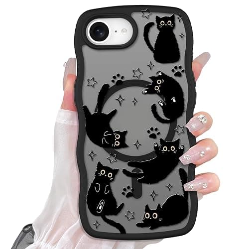 Heaofei Cute Case for iPhone 17e & 16e Case [Compatible with MagSafe] with Kawaii Black Cats Cat Print Pattern Design for Women Girls, Soft Wavy Edge Anti-Slip Animal Magnetic Protective Phone Cover - Image 1