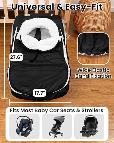 TinyPalsa Winter Baby Carseat Cover, Warm Cozy Infant Car Seat Covers with Plush Lining for Cold Weather, Waterproof Carseat Canopy with Adjustable Collar, Universal Fit for Boys & Girls (Black) thumbnail 6