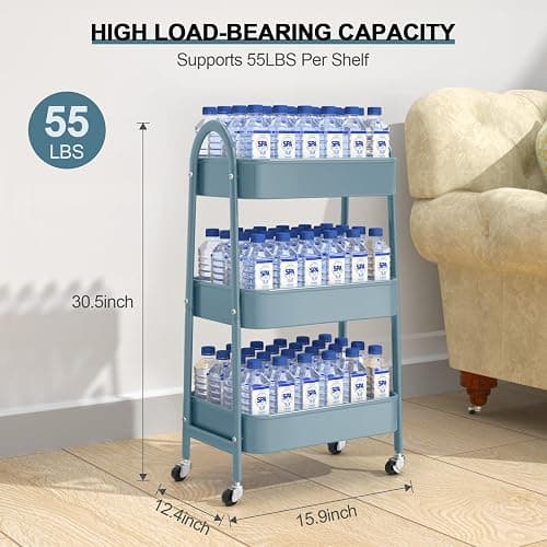 3 Tier Utility Rolling Cart, EAGMAK Metal Storage Cart with Handle and Lockable Wheels, Multifunctional Storage Organizer Trolley with Mesh Baskets for Kitchen, Living Room, Office, Garage (Blue) thumbnail 3