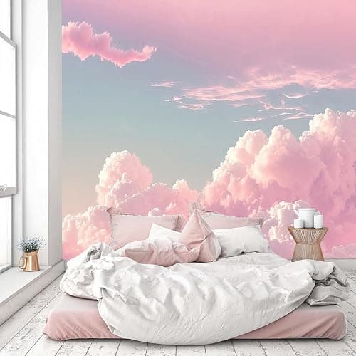 ELGADO Pink Clouds 3D Wall Mural, Sky Scenery Removable Self-Adhesive Wallpaper Wall Decoration Murals, for Boys Girls Kids Room Living Room TV Sofa Backdrop Decor,48" W x36 H - Image 1