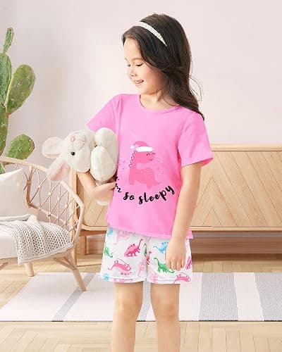Nidoul Girls Pajamas Short Sleeve Toddler Summer Pjs Girls' Sleepwear 2 Pieces Lounge Sets Kids Clothes 3T-14Y - Pink Dino - 3-4T thumbnail 4