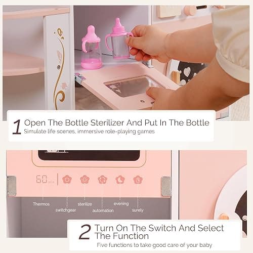 ROBOTIME Wooden 6-in-1 Baby Doll Changing Table with Baby Doll Crib, Washing Machine, Bottle Sterilizer, Storage Area, and Doll Seat, Ideal Role-Playing Toy for Kids 3+, Fits Dolls Up to 20 in, Pink thumbnail 6