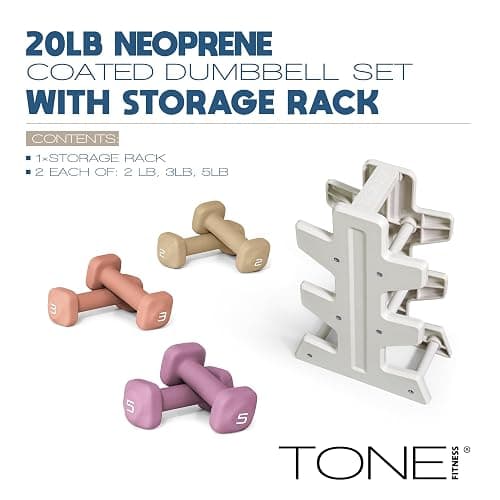 Tone Fitness Neoprene Dumbbell Set with Storage Rack – Non-Slip, Anti-Roll Hand Weights for Home Gym Workouts | 20 lb, 32 lb, 50 lb, 60 lb & 100 lb Options thumbnail 2