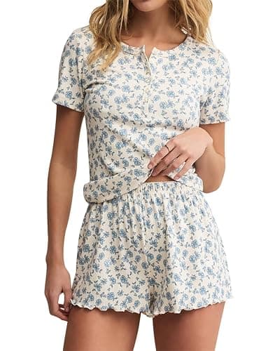 Lacozy Cute Pajama Sets for Women 2 Piece Short Pj Sets Woman Sleepwear | Womens Summer Pajamas Sets, Cute Pjs, Floral Print, Button Shirt and Shorts, Y2k Pajamas Shorts Set, Soft Loungewear, Lounge - Image 1