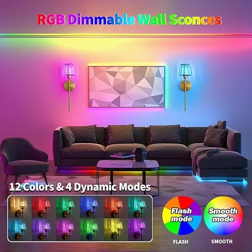Battery Operated Crystal Wall Sconce Set of 2, Gold Rechargeable Wireless Wall Sconces with Remote Dimmable 12 Colors Modes Led Wall Lights, Wall Lamp for Bedroom Living Room Hallway, 2 Bulbs Included thumbnail 5
