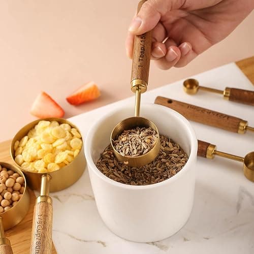 8Pcs Measuring Cups and Spoons Set - Golden Stainless Steel Measuring Cups with Wooden Handle, Metal Measuring Spoons Set Nesting Kitchen Measure Set for Kitchen/Food/Baking (8Pcs Wooden Handle) thumbnail 6