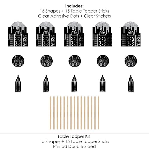 Nighttime City Skyline Party Centerpiece Sticks - Table Toppers - 15pc | Black & Silver Table Decorations, 3 Unique Cityscape Themed Shapes, Sticks and Stickers Included, USA-made thumbnail 5