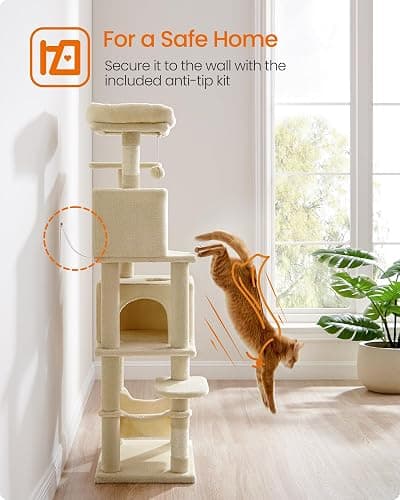 Feandrea Cat Tree, 59.5-Inch Tall Cat Tower, Plush Multi-Level Condo with 5 Scratching Posts, 2 Perches, 2 Caves, Hammock, 2 Pompoms, Beige UPCT192M01 thumbnail 8