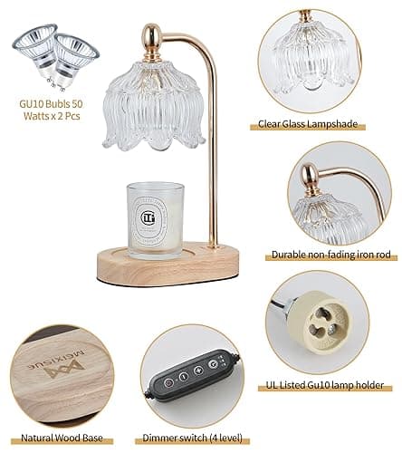 MEIXISUE Candle Warmer Lamp with Timer and Dimmer,Electric Gold Light Gifts for Women Melt Wax Warmer Lamp with 2 Bulbs for Candle Jars House Warming New Home Decor Bedroom - Gold ‎flower thumbnail 6