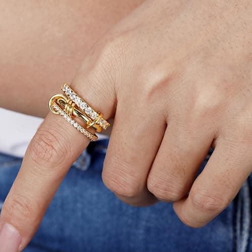AIPULIDUO Gold Stackable Rings for Women Non Tarnish, 18K Gold Plated CZ Cubic Zirconia Rings, Golden Rings Set, Multi-Link Connected Rings thumbnail 7