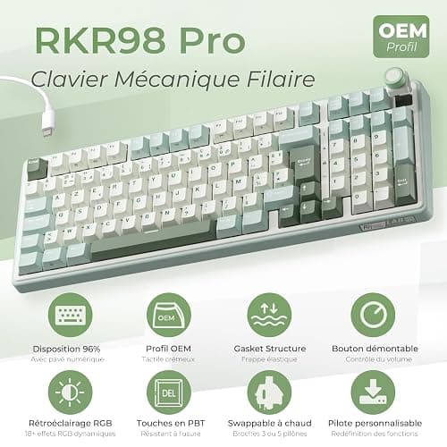 RK ROYAL KLUDGE R98 Pro Clavier Gamer 96% Filaire Mécanique AZERTY, RVB avec Pavé Numérique, Molette de Volume, Gasket Mount, Touches Profil OEM en PBT, Hot-Swap, Switch Tactile Beige Pré-lubrifié thumbnail 2