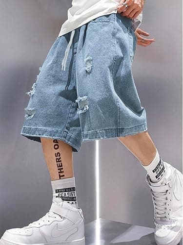 EMMIOL Baggy Jean Shorts Men, Y2k Jorts Cargo Ripped Elastic Waist, Mens Denim Shorts Comfy Casual Streetwear Summer thumbnail 4