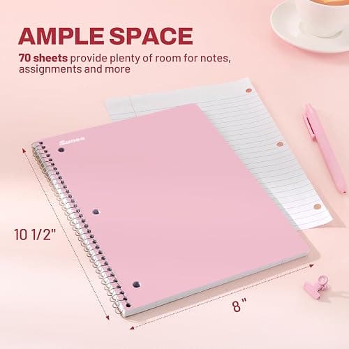 SUNEE Spiral Notebooks, 3 Pack, 1-Subject, College Ruled Paper, 8" x 10-1/2", 70 Sheets per Notebook, Assorted Pastel Colors Spiral Notebooks for School thumbnail 3